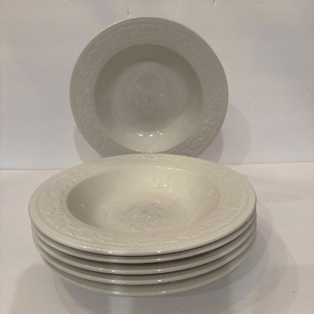 Sango GARLAND 8837 Embossed Scrolls Leaf Stoneware Soup Bowls Set of 6 Wear Look